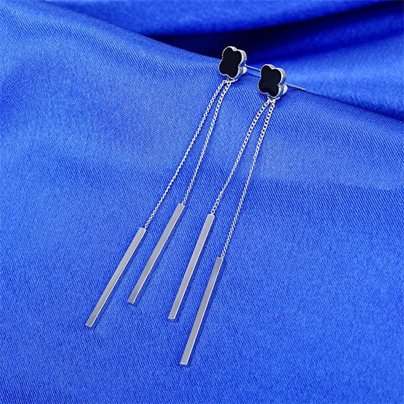925 Silver Four-leaf Clover Long Earrings Tassel Ear Line Fine Jewelry