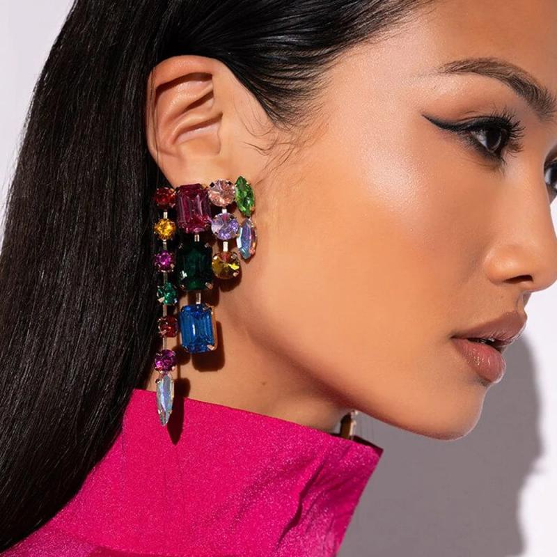 Colorful Crystal Dangle Earrings Christmas Rhinestone Large Square Earrings