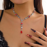 Goth Bat Water Drop Crystal Chest Chain Necklace Vintage Geometric Choker