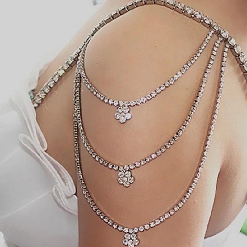 Stonefans Rhinestone Flower Shoulder Chain Bra for Women