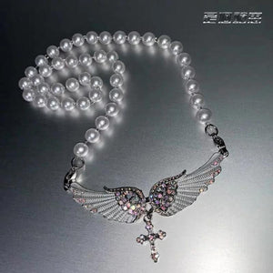Angel Wings Pearl Necklace Cross Clav-made