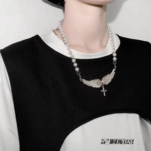 Angel Wings Pearl Necklace Cross Clav-made