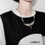 Angel Wings Pearl Necklace Cross Clav-made