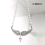 Angel Wings Pearl Necklace Cross Clav-made