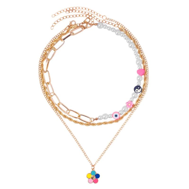 Orange Cartoon Bear Pearl Beaded Necklace Enamel Heart Flower Pendant Chain