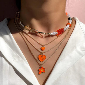 Orange Cartoon Bear Pearl Beaded Necklace Enamel Heart Flower Pendant Chain