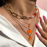 Orange Cartoon Bear Pearl Beaded Necklace Enamel Heart Flower Pendant Chain