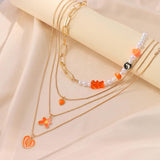 Orange Cartoon Bear Pearl Beaded Necklace Enamel Heart Flower Pendant Chain