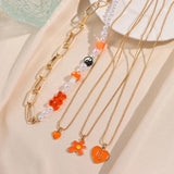 Orange Cartoon Bear Pearl Beaded Necklace Enamel Heart Flower Pendant Chain