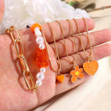 Orange Cartoon Bear Pearl Beaded Necklace Enamel Heart Flower Pendant Chain