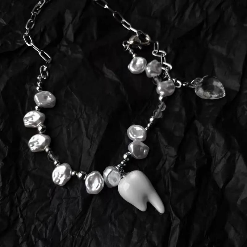Punk Gothic Pearl Tooth Pendant Necklace for Women
