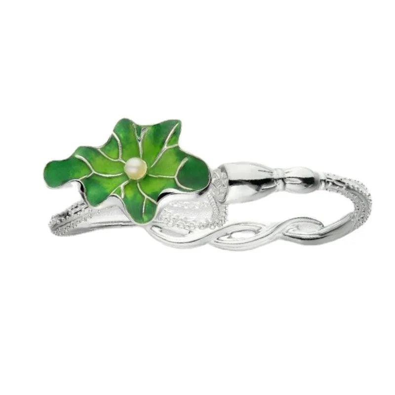 Vintage Thai Silver Green Lotus Leaf Charm Bracelet