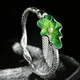 Vintage Thai Silver Green Lotus Leaf Charm Bracelet