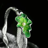 Vintage Thai Silver Green Lotus Leaf Charm Bracelet