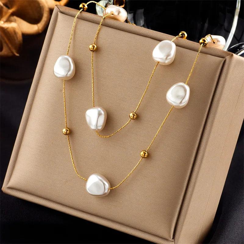 316L Stainless Steel Double Layer Pearl Necklace Choker