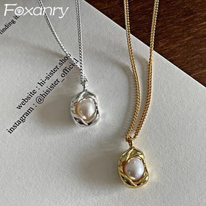 Foxanry Silver Pearl Pendant Necklace for Women Wedding Jewelry