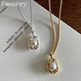 Foxanry Silver Pearl Pendant Necklace for Women Wedding Jewelry