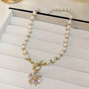 Vintage Pearl Flower Love Rhinestone Collar Chain Necklace