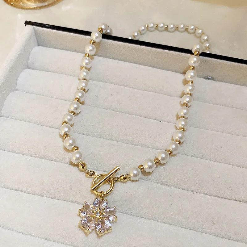 Vintage Pearl Flower Love Rhinestone Collar Chain Necklace