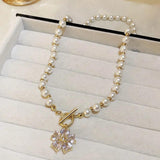 Vintage Pearl Flower Love Rhinestone Collar Chain Necklace