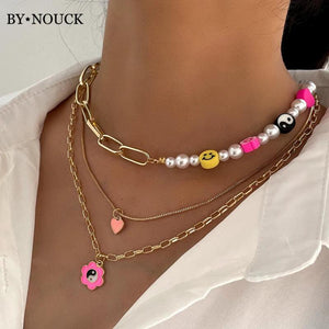 Pearl Beads Smile Flower Beaded Choker Necklace Jewelry