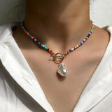 Baroque Pearl Rainbow Beaded Necklace Seed Bead Choker Summer Collar
