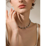 Grey Pearl Beads Chain Steel Collar Necklace Women Jewelry