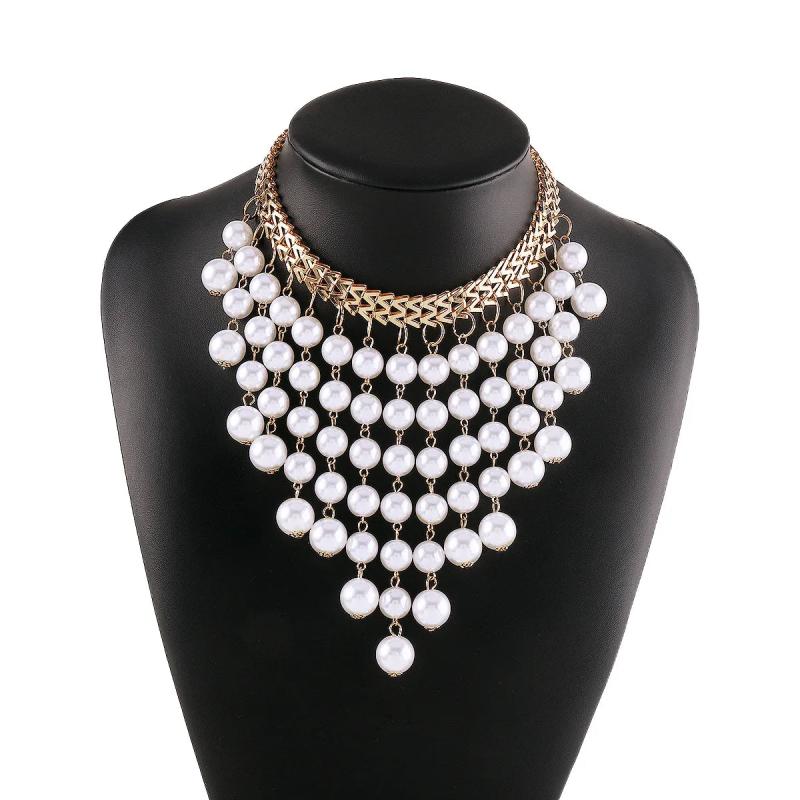 Vintage Pearl Tassel Choker Chain Necklace for Women Girls