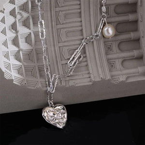 Foxanry Silver Pearl Necklace Love Heart Pendant Sweater Chain