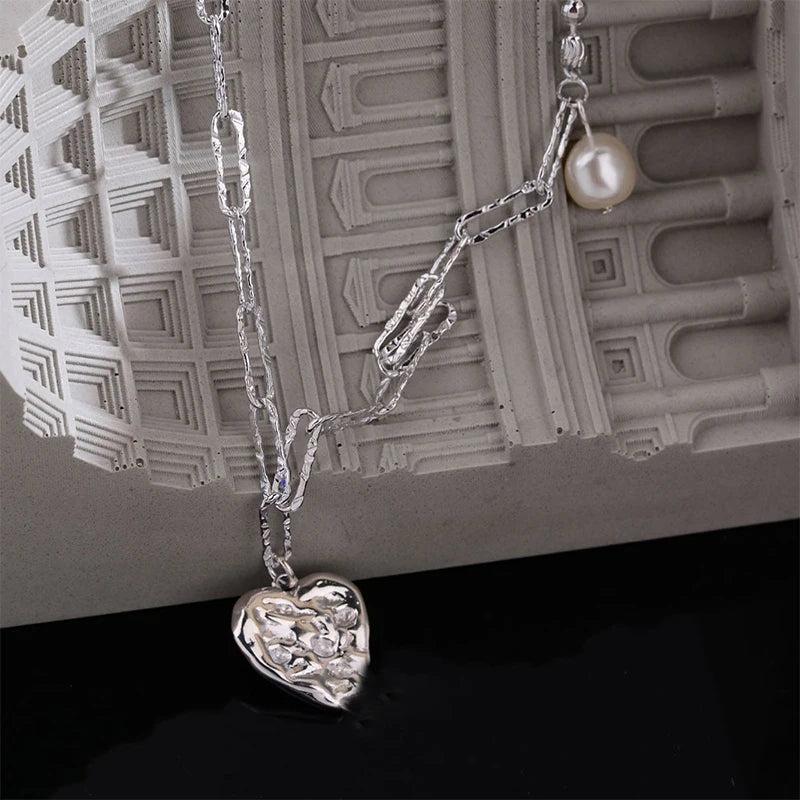 Foxanry Silver Pearl Necklace Love Heart Pendant Sweater Chain