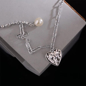 Foxanry Silver Pearl Necklace Love Heart Pendant Sweater Chain