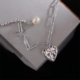 Foxanry Silver Pearl Necklace Love Heart Pendant Sweater Chain