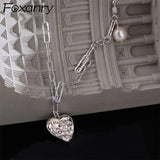 Foxanry Silver Pearl Necklace Love Heart Pendant Sweater Chain