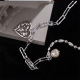 Foxanry Silver Pearl Necklace Love Heart Pendant Sweater Chain