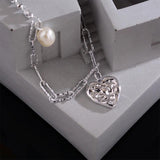 Foxanry Silver Pearl Necklace Love Heart Pendant Sweater Chain