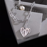Foxanry Silver Pearl Necklace Love Heart Pendant Sweater Chain