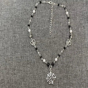 Spiderweb Charm Pendant Rosary Necklace with Glass Pearl Beads
