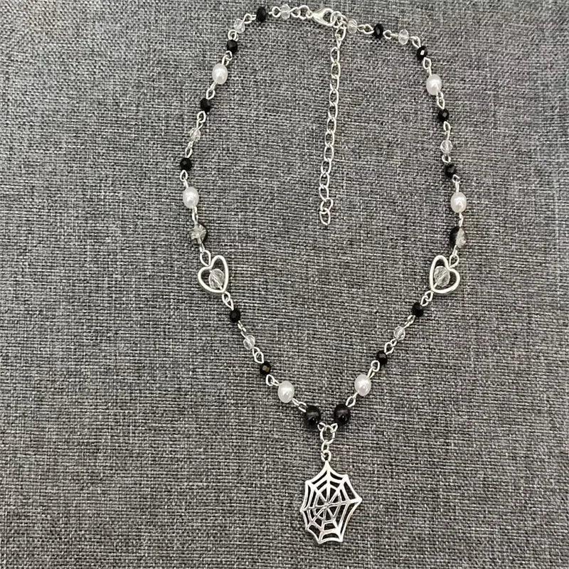 Spiderweb Charm Pendant Rosary Necklace with Glass Pearl Beads