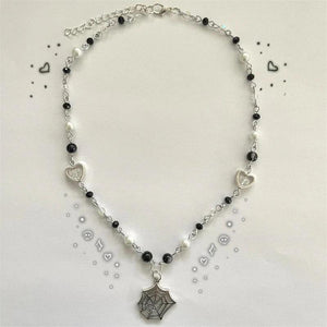 Spiderweb Charm Pendant Rosary Necklace with Glass Pearl Beads