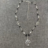 Spiderweb Charm Pendant Rosary Necklace with Glass Pearl Beads