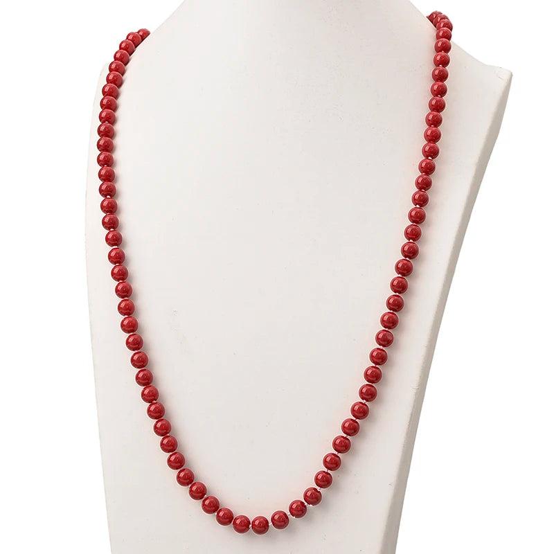 Dark Round Red Coral Long Pearls Necklace 8mm Size DIY Chain Coral 36inch