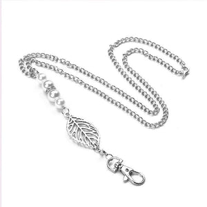 Silver Round Pearl Lanyard Sweater Necklace for Work Cards Keys ID