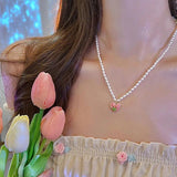 Pink Heart Tulips Flower Pearl Necklace Choker Sweet Gift for Women Jewelry