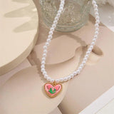 Pink Heart Tulips Flower Pearl Necklace Choker Sweet Gift for Women Jewelry