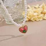 Pink Heart Tulips Flower Pearl Necklace Choker Sweet Gift for Women Jewelry
