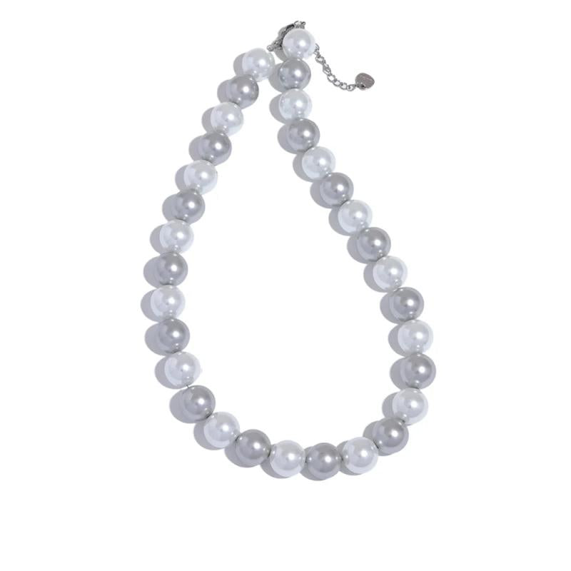 Grey Simulated Pearls Bead Chain Collar Necklace Stainless Steel Jewelry