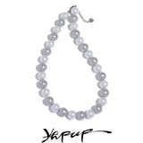 Grey Simulated Pearls Bead Chain Collar Necklace Stainless Steel Jewelry