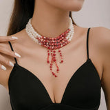 Gothic Style Pearl & Bloody Beads Choker Necklace Punk Layered Collar