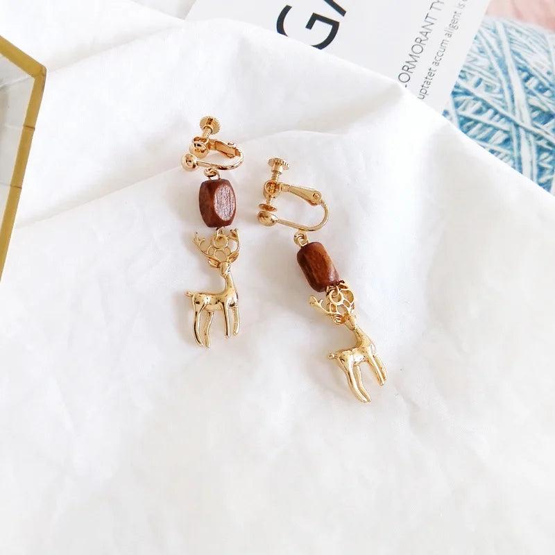 Vintage Wooden Beads Deer Earrings for Girls Women