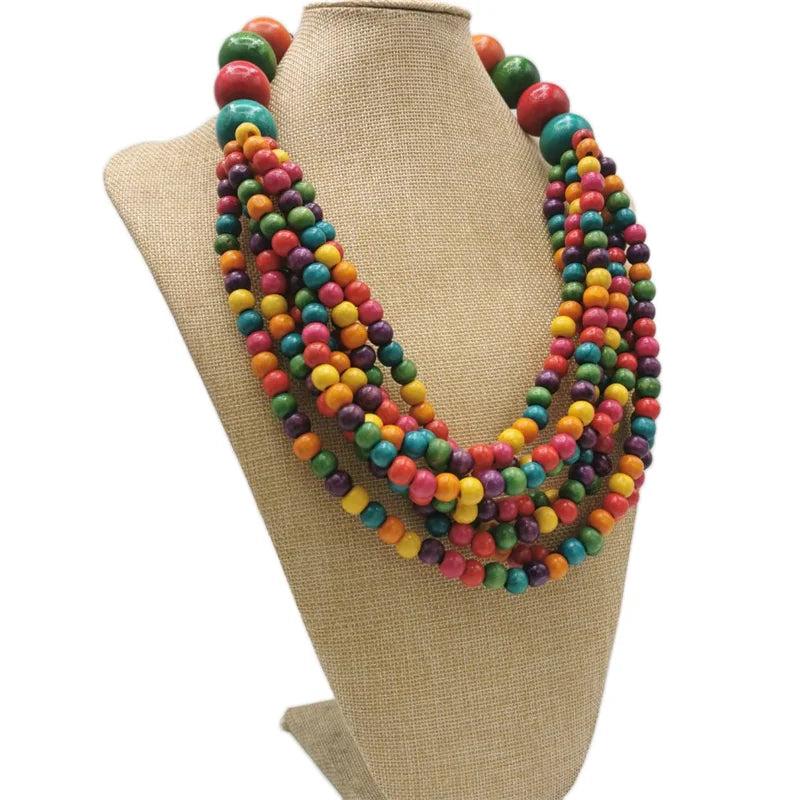 BARWODO Bohemian Statement Necklace Layer Beads Wood Pendant Choker Vintage Ethn
